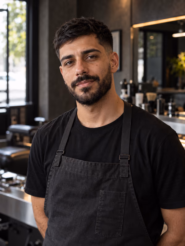 Retrato de Bruno Leal, barbeiro da RITTO, com cabelo texturizado curto, barba e avental escuro.
