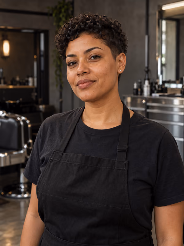 Retrato de Lara Torres, barbeira da RITTO, com cabelo cacheado curto e avental escuro.